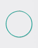 18k white gold coated tennis chain necklace with hand-set princess-cut paraiba stones