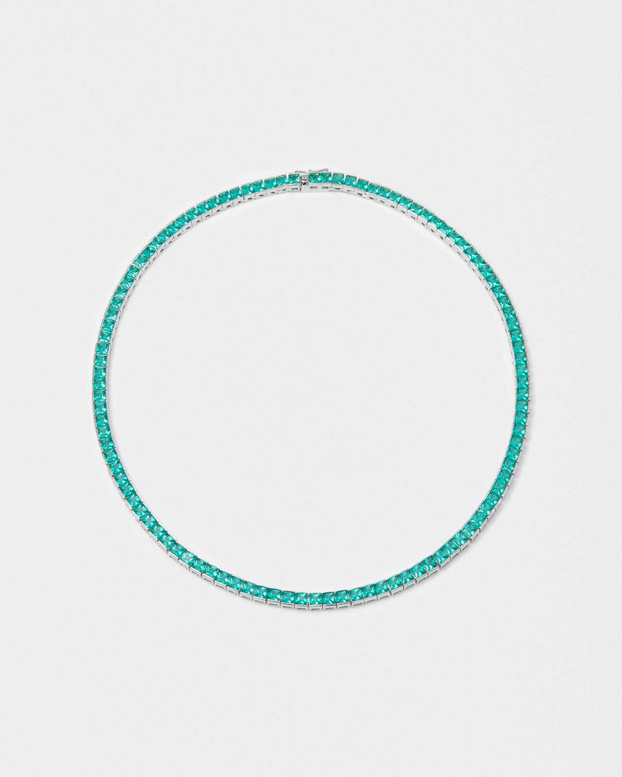 18k white gold coated tennis chain necklace with hand-set princess-cut paraiba stones