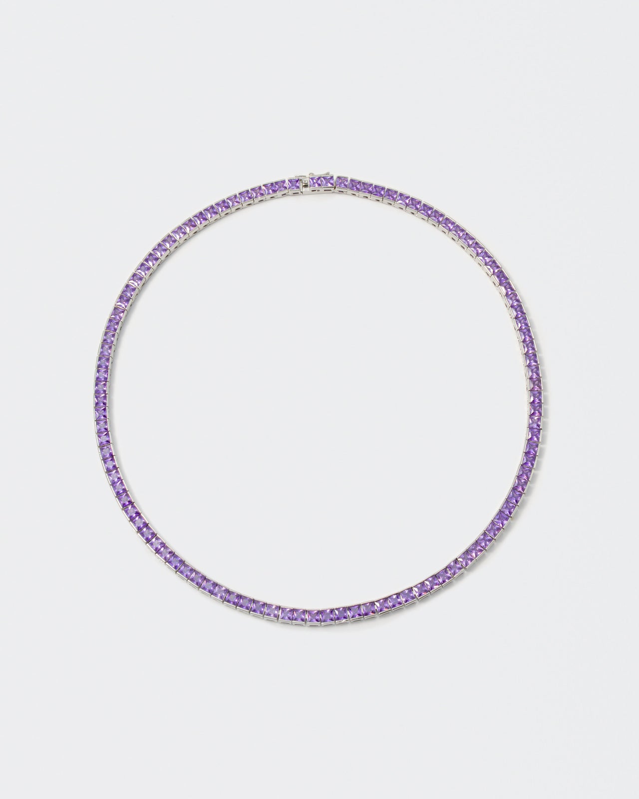 18k white gold coated tennis chain necklace with hand-set princess-cut stones in amethyst purple