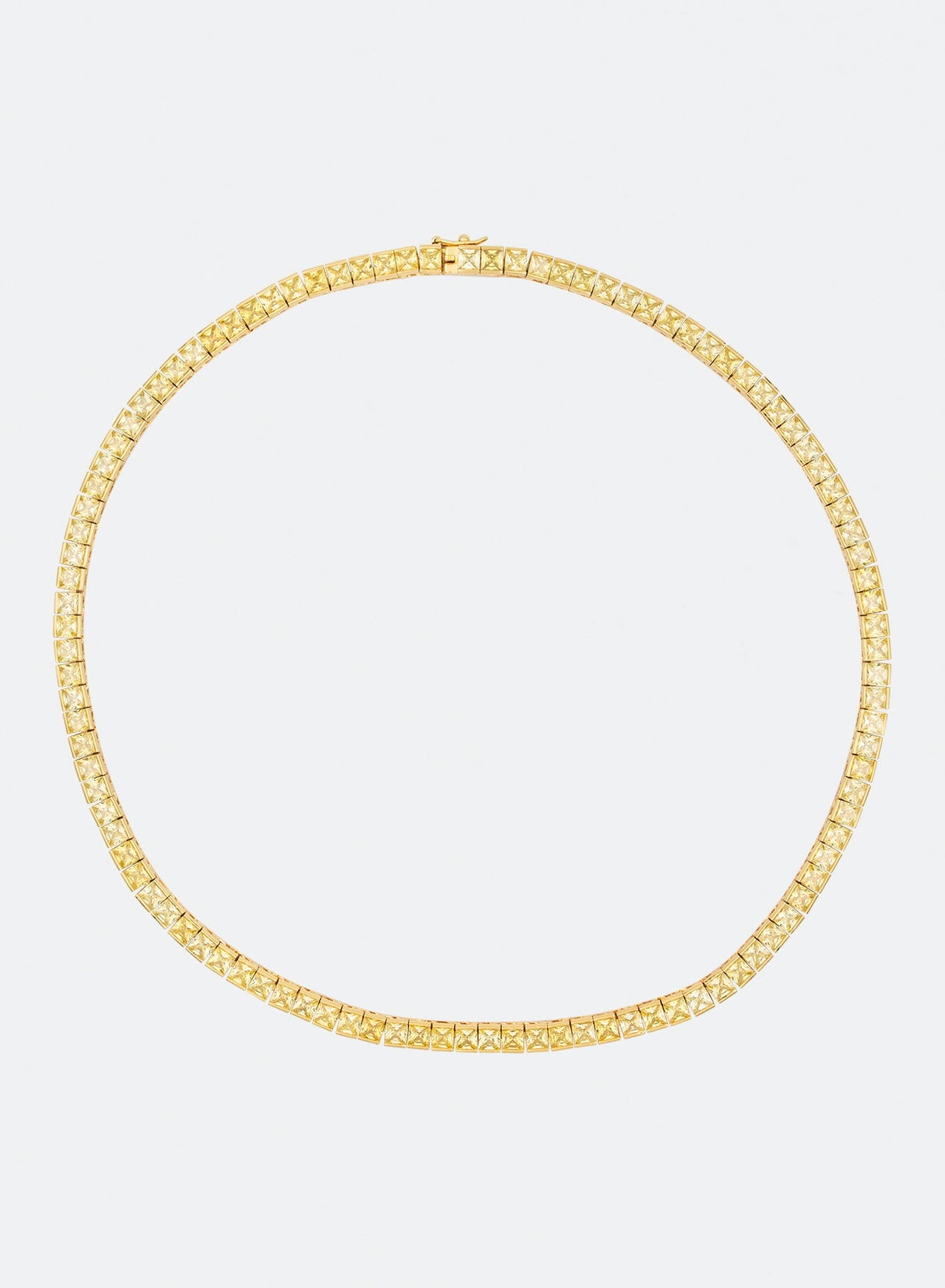 18k gold coated tennis chain necklace with hand-set princess-cut stones in yellow