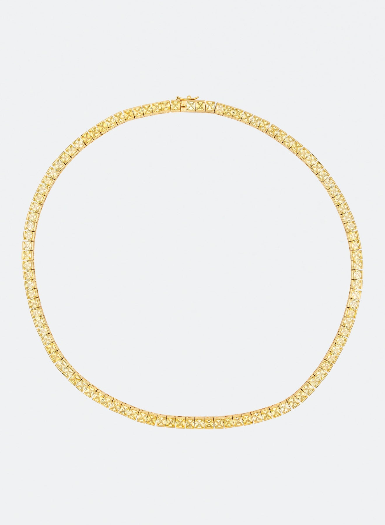 18k gold coated tennis chain necklace with hand-set princess-cut stones in yellow