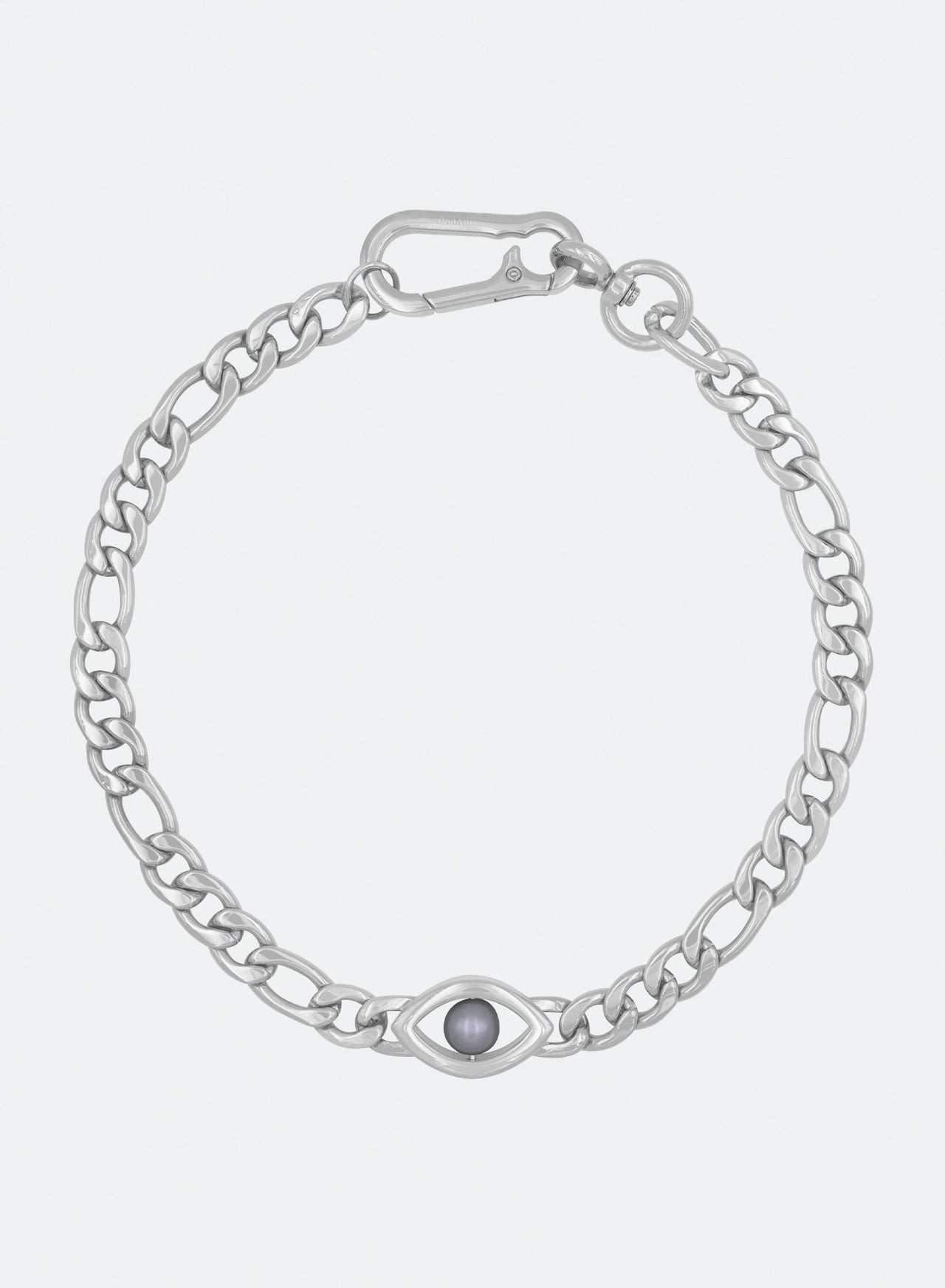 18k white gold coated figaro chain choker with central natural indonesian freshwater pearl in mabe grey and oversize carabiner clasp with lasered logo.