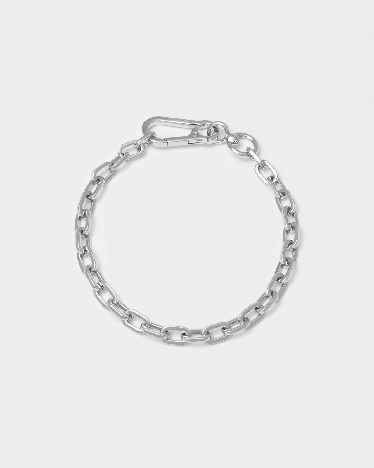 18k white gold coated rolo chain choker with lasered logo oversize carabiner clasp