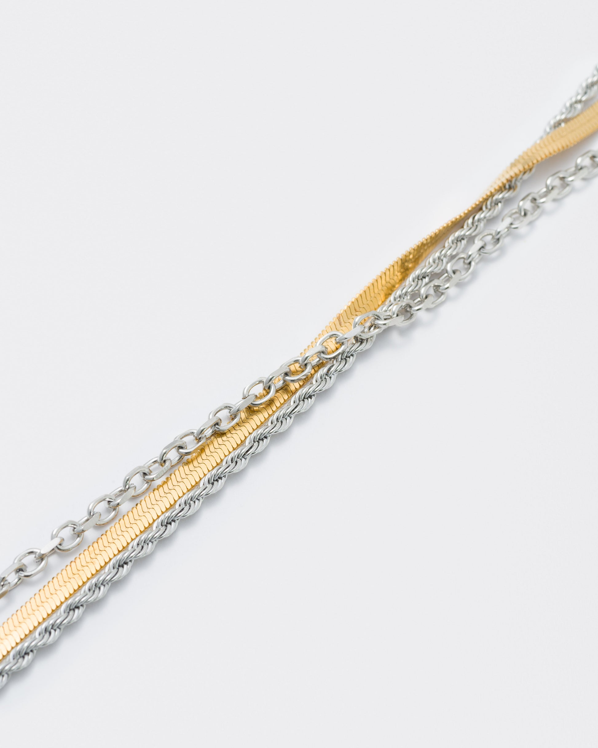 detail of 18k yellow and white gold coated layers necklace with 3mm rope and cable chain and contrasting 4mm herringbone chain