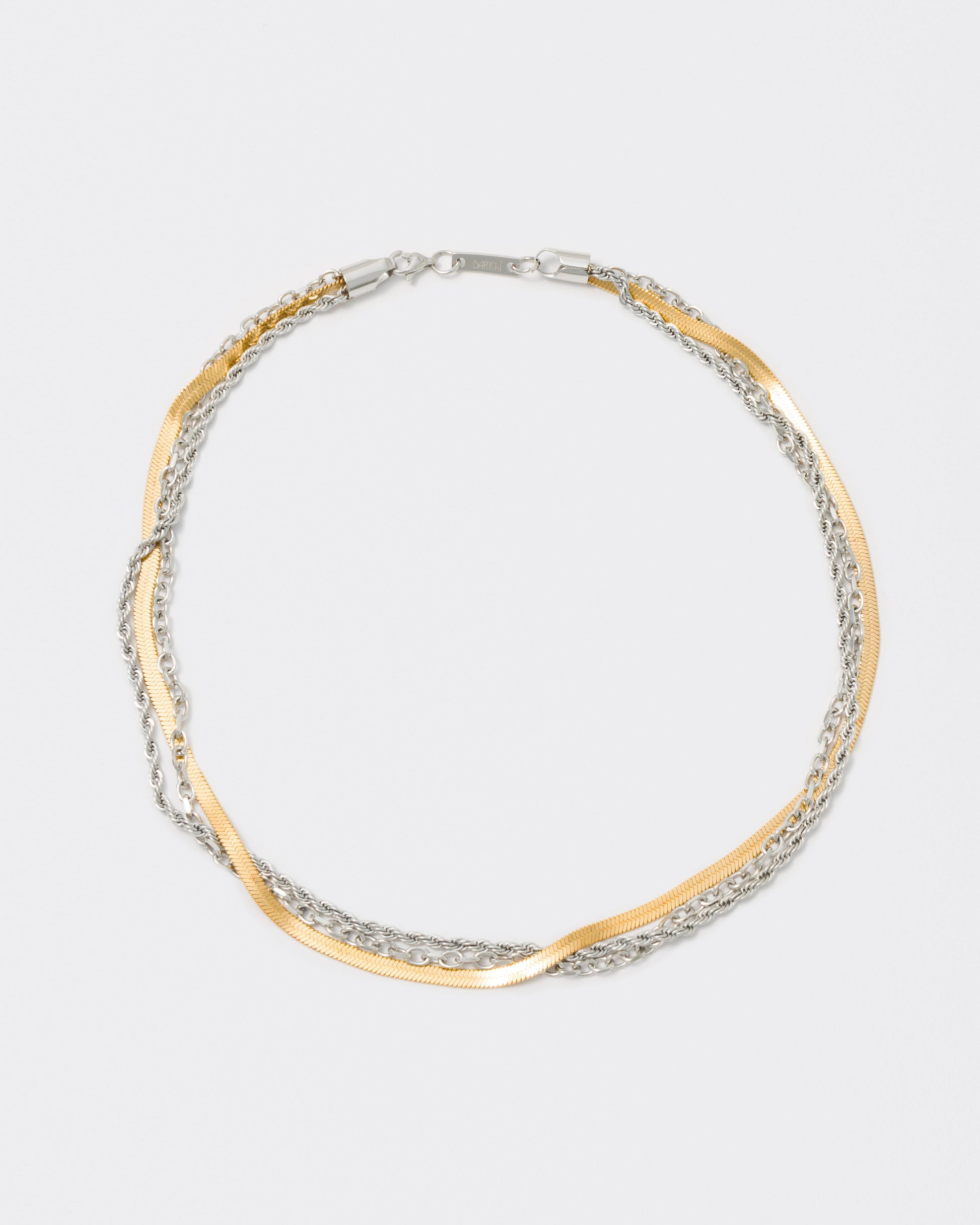18k yellow and white gold coated layers necklace with 3mm rope and cable chain and contrasting 4mm herringbone chain