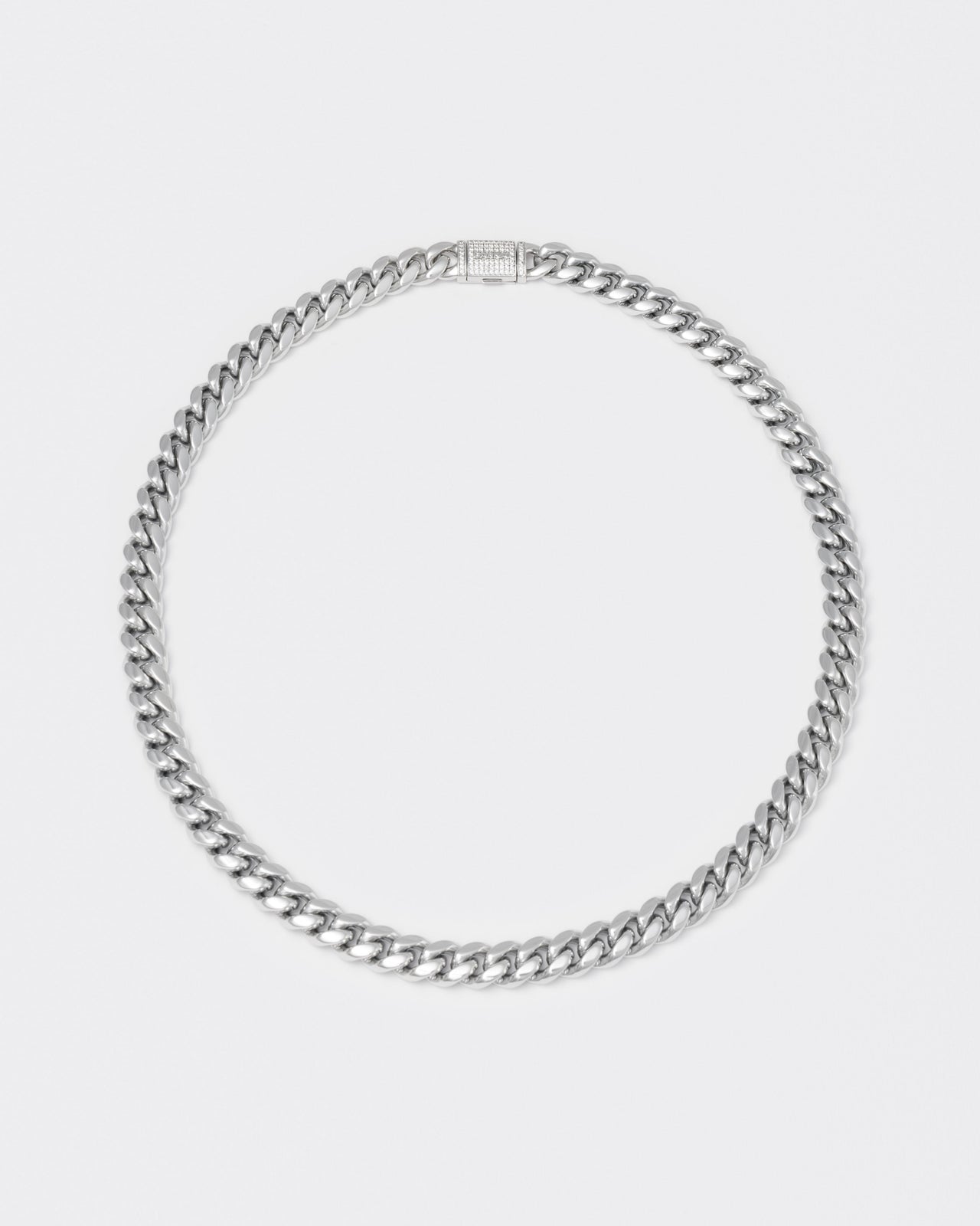 18k white gold coated cuban chain necklace with hand-set micropavé stones in white