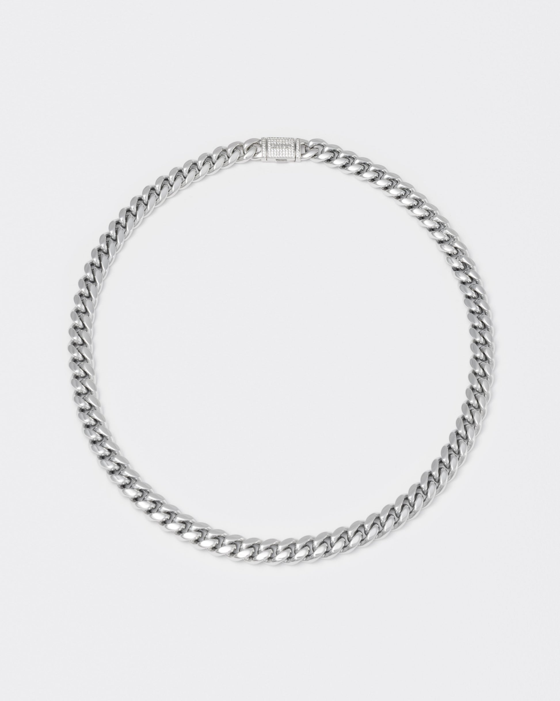 18k white gold coated cuban chain necklace with hand-set micropavé stones in white