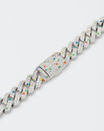 detail of clasp of 18k white gold coated prong chain necklace with hand-set micropavé stones in white, violet, orange red, green, golden yellow and topaz blue