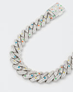 detail of 18k white gold coated prong chain necklace with hand-set micropavé stones in white, violet, orange red, green, golden yellow and topaz blue