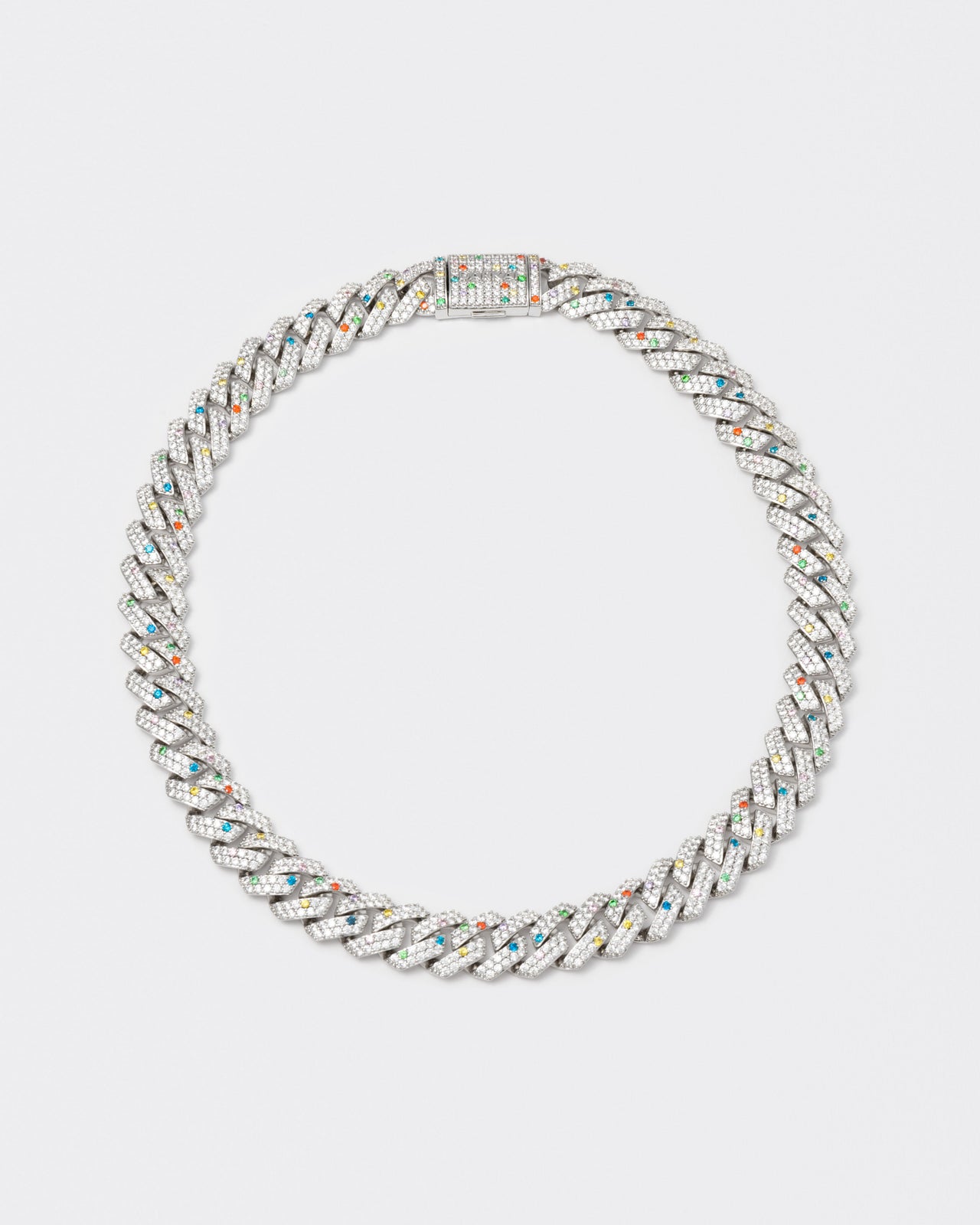 18k white gold coated prong chain necklace with hand-set micropavé stones in white, violet, orange red, green, golden yellow and topaz blue