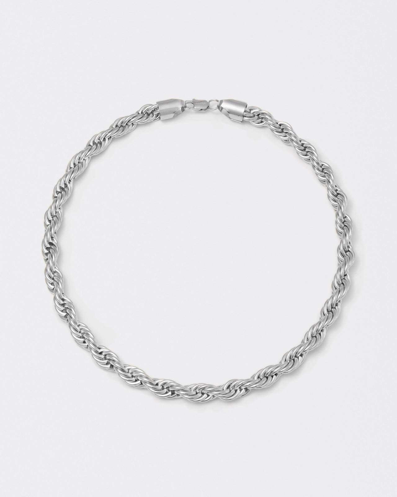 18k white gold coated 90s-inspired rope chain necklace with lasered logo regular lobster clasp.