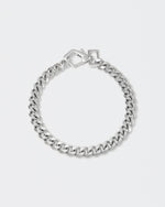 Cutting edge cuban chain choker with 18kt white gold coating and oversize carabiner clasp with engraved logo