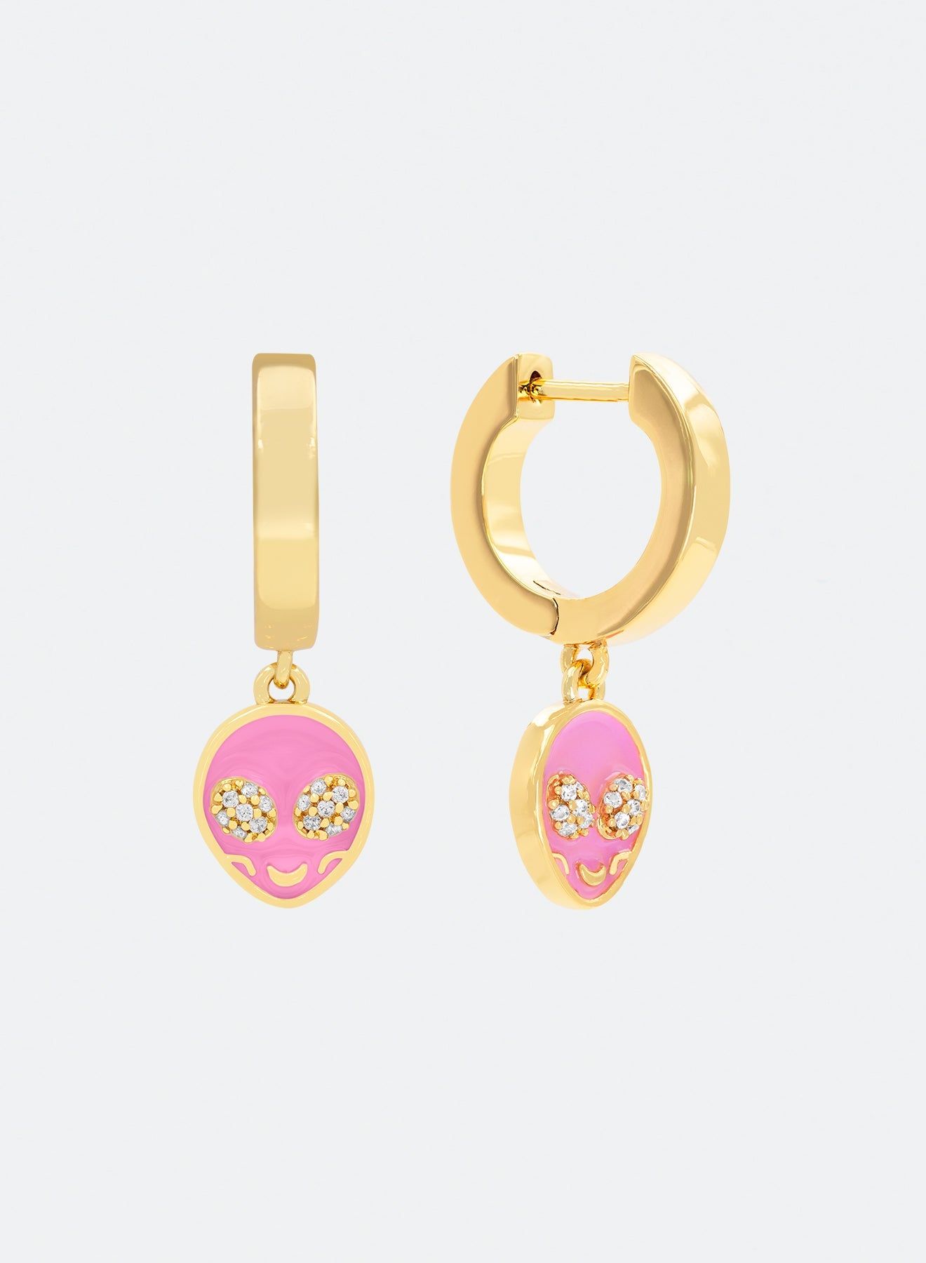18k yellow gold coated alien earrings with hand-set micropavé stones in white on pink hand painted glow in the dark enamel mini aliens