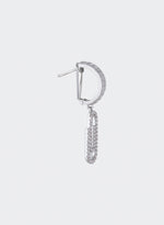 detail of 18k white gold coated paperclip mono earring with oversize hoop and hand-set micropavé stones in white