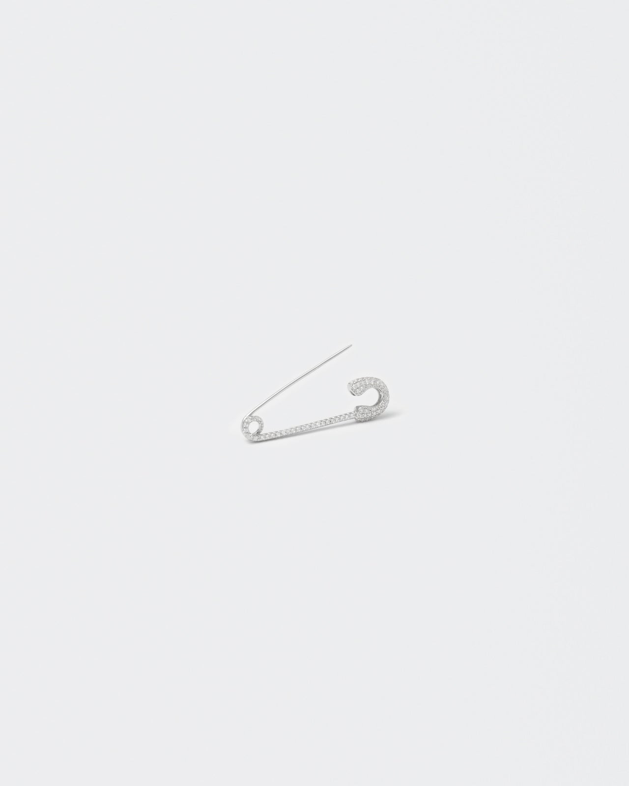 18k white gold coated safety pin mono earring with all-around hand-set micropavé stones in white