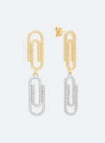 18k yellow and white gold coated paperclip earrings with hand-set micropavé stones in white on constrasting asymmetrcial links