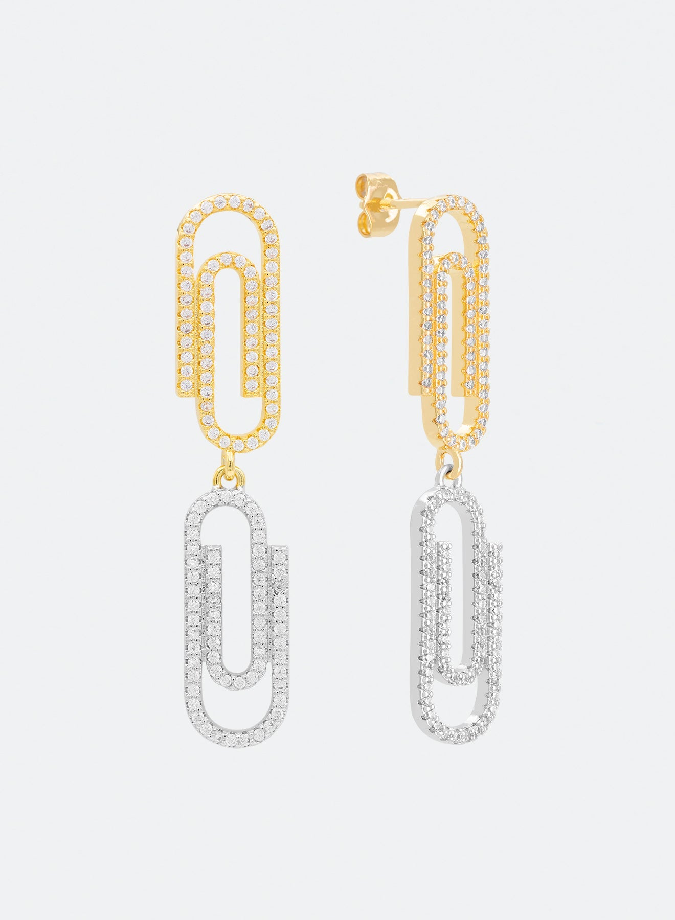 18k yellow and white gold coated paperclip earrings with hand-set micropavé stones in white on constrasting asymmetrcial links