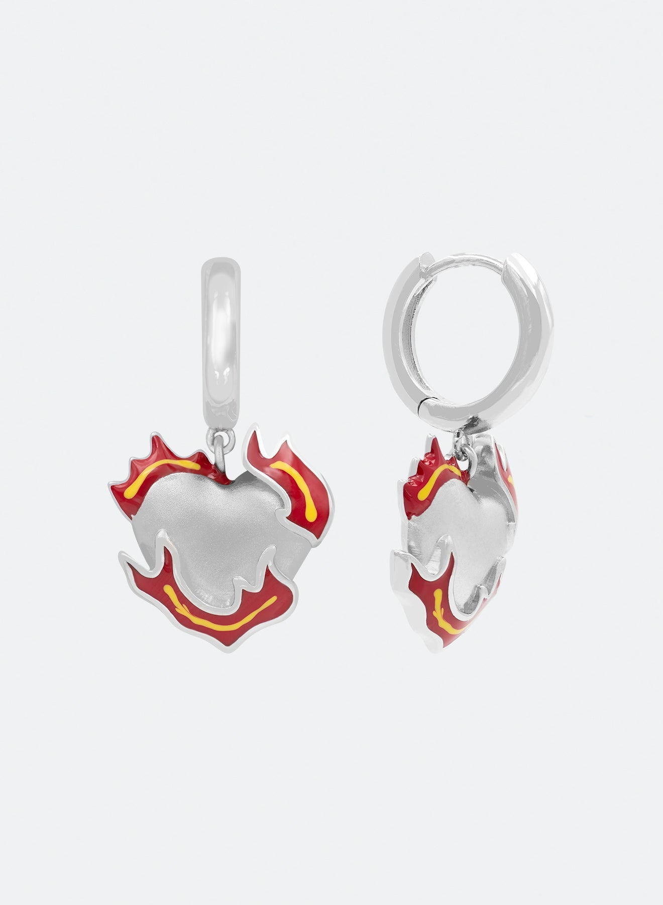 18k white gold coated heart earrings with red-yellow hand painted enamel and satined finishing