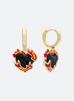 18k yellow gold coated heart earrings with black and red-yellow hand painted enamels. Lasered logo on the back