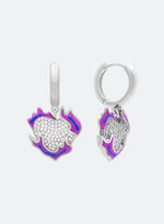 18k white gold coated heart earrings with hand-set micropavè stones in white and purple-blue hand painted enamel