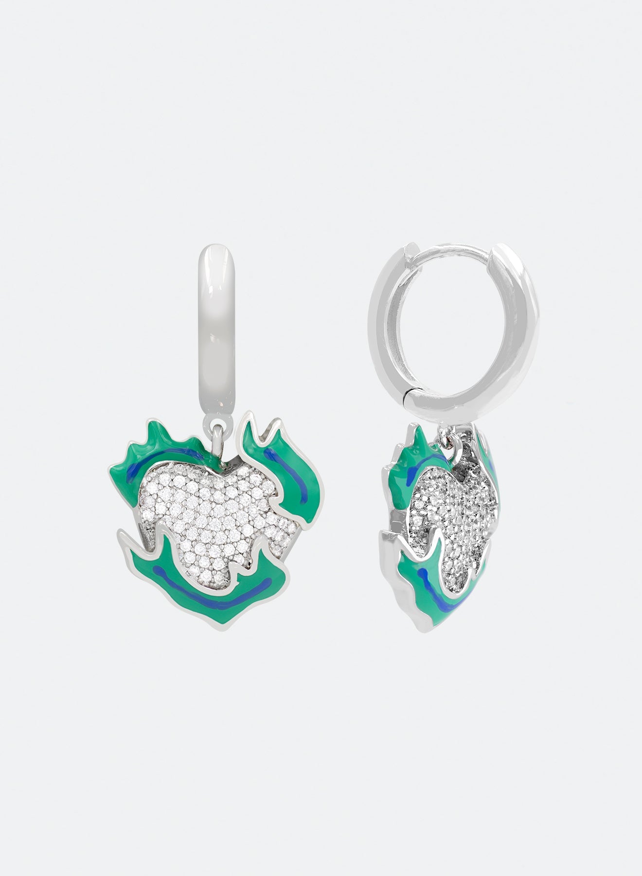 18k white gold coated heart earrings with hand-set micropavè stones in white and green-blue hand painted enamel