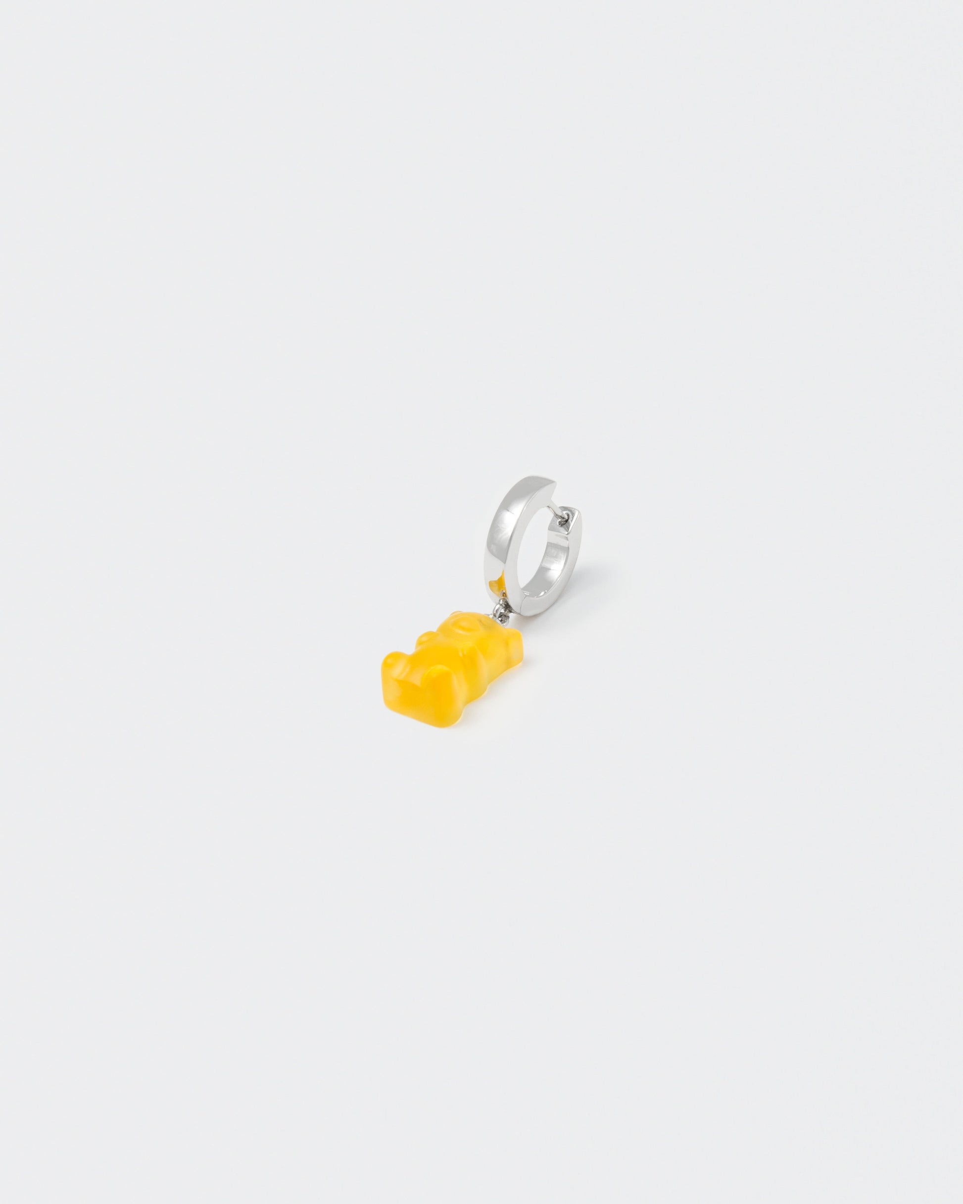 18k white gold coated gummy bear mono earring with 3D cut sandblasted crystal in yellow