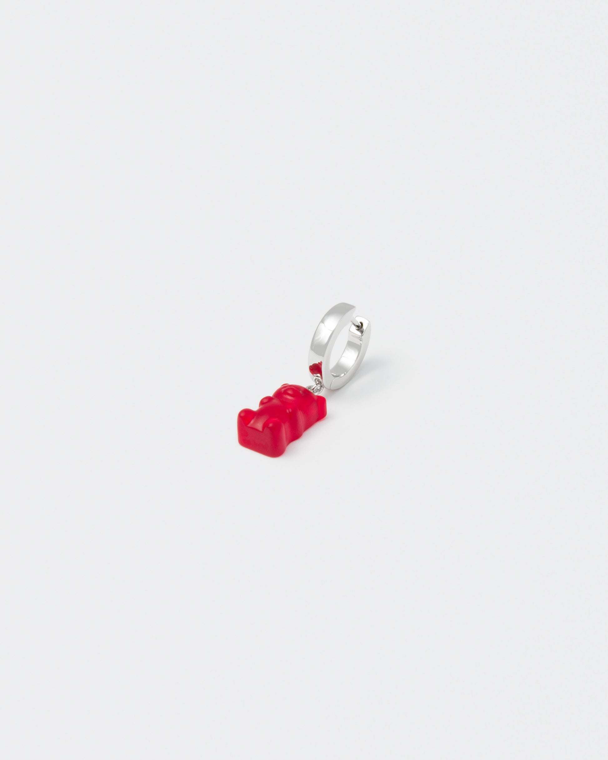 18k white gold coated gummy bear mono earring with 3D cut sandblasted crystal in red