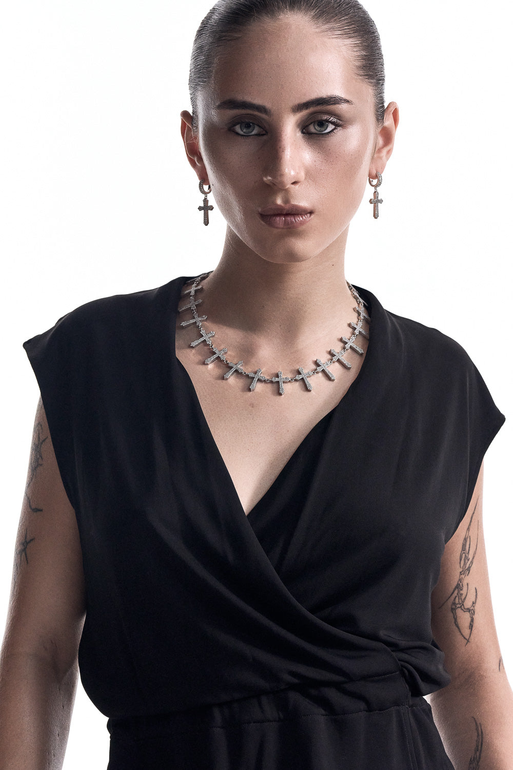 DARKAI Cross Tennis Necklace on Female Model